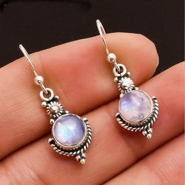 Kaze Moonstone Vintage Geometric Drop Earrings | Retro Alloy Diamond Inlay Earrings Silver