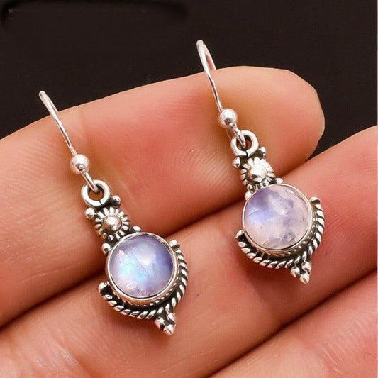 Kaze Moonstone Vintage Geometric Drop Earrings | Retro Alloy Diamond Inlay Earrings Silver