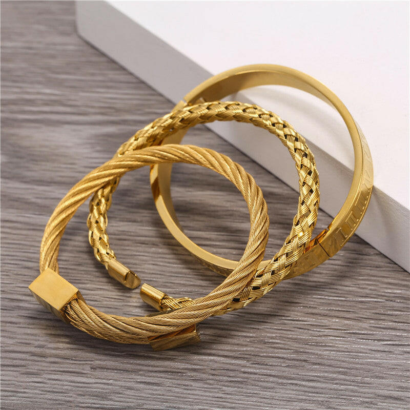 Kaze Set of 3 Unisex Geometric Stainless Steel Bracelets | Gold, Silver &amp; Black Stacking Bracelet Set