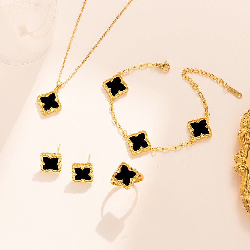 Kaze Four-Leaf Clover Jewellery Set | 18K Gold Necklace, Bracelet, Earrings &amp; Ring