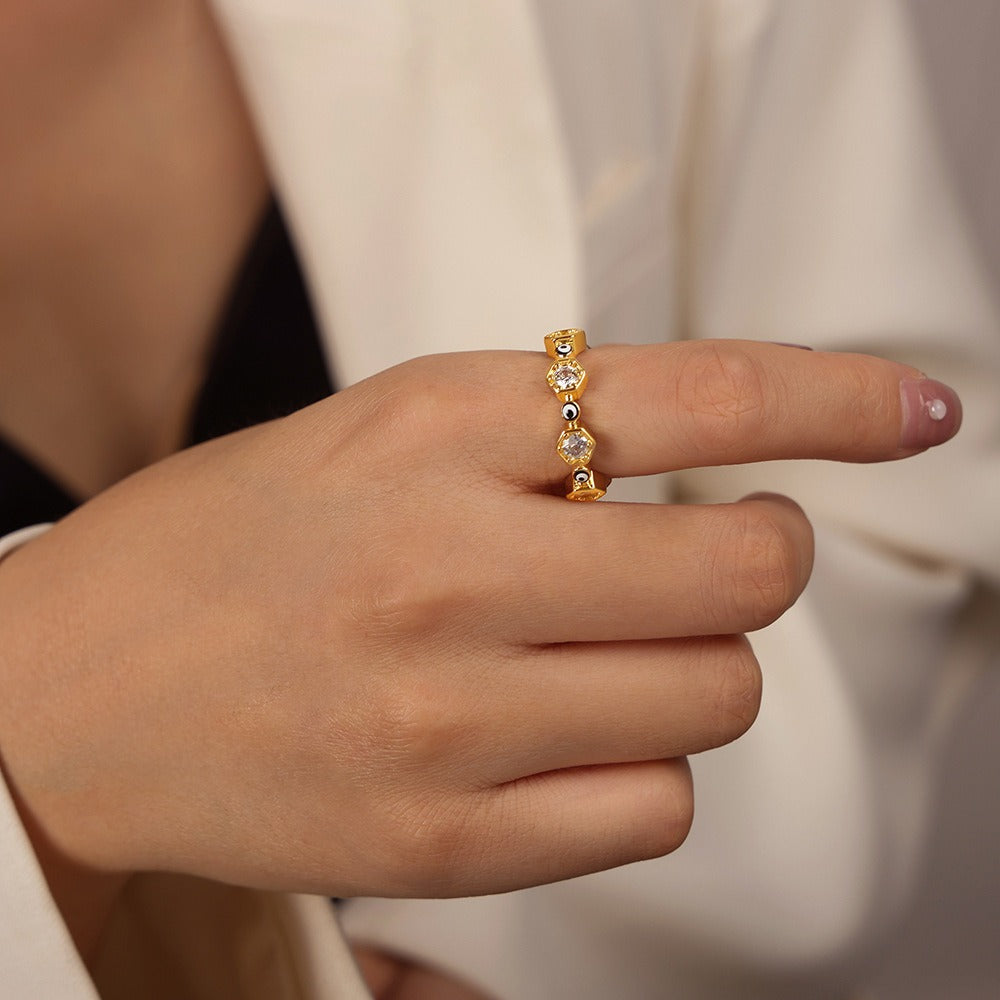 Kaze Geometric Hexagonal Devil's Eye Zircon Ring | 18K Gold Adjustable Ring in 5 Colours Black Adjustable