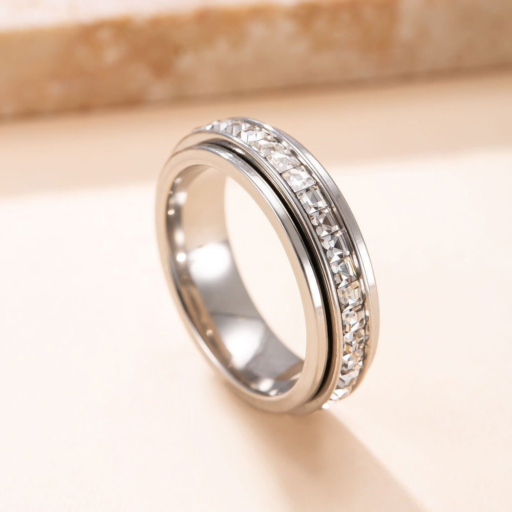 Kaze Rotating Anxiety-Relief Zircon Ring | 18K Gold Titanium Steel Spinner Ring Sizes 6–9 Silver