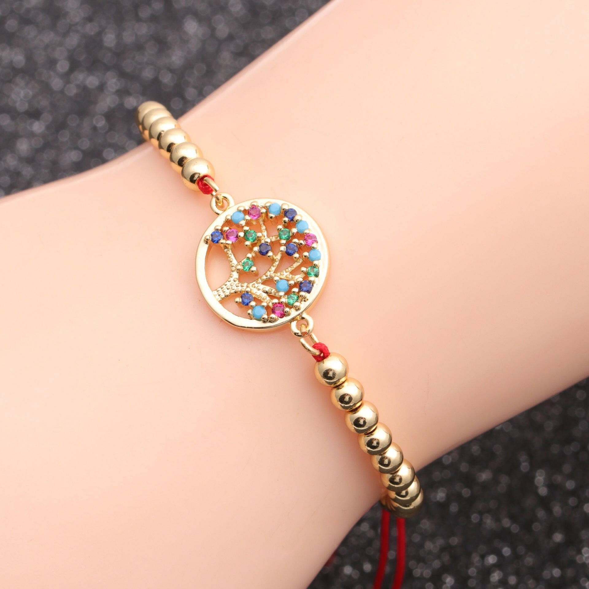 Kaze Micro Inlaid Zircon Lucky Tree Bracelet | Adjustable Copper Beaded Cord Unisex Bracelet