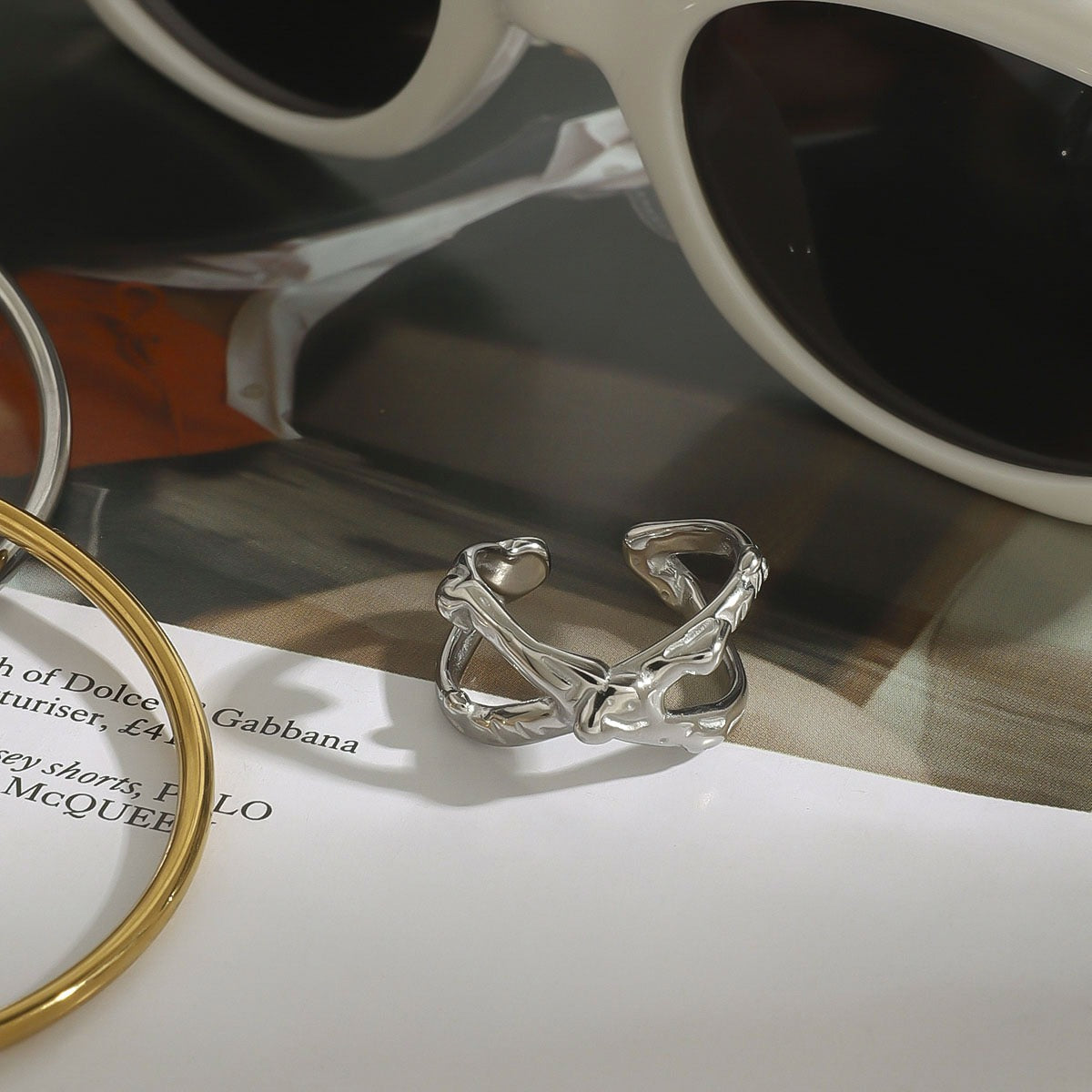 Kaze X-Shape Textured Ring | 18K Gold Statement Ring in Gold &amp; Silver