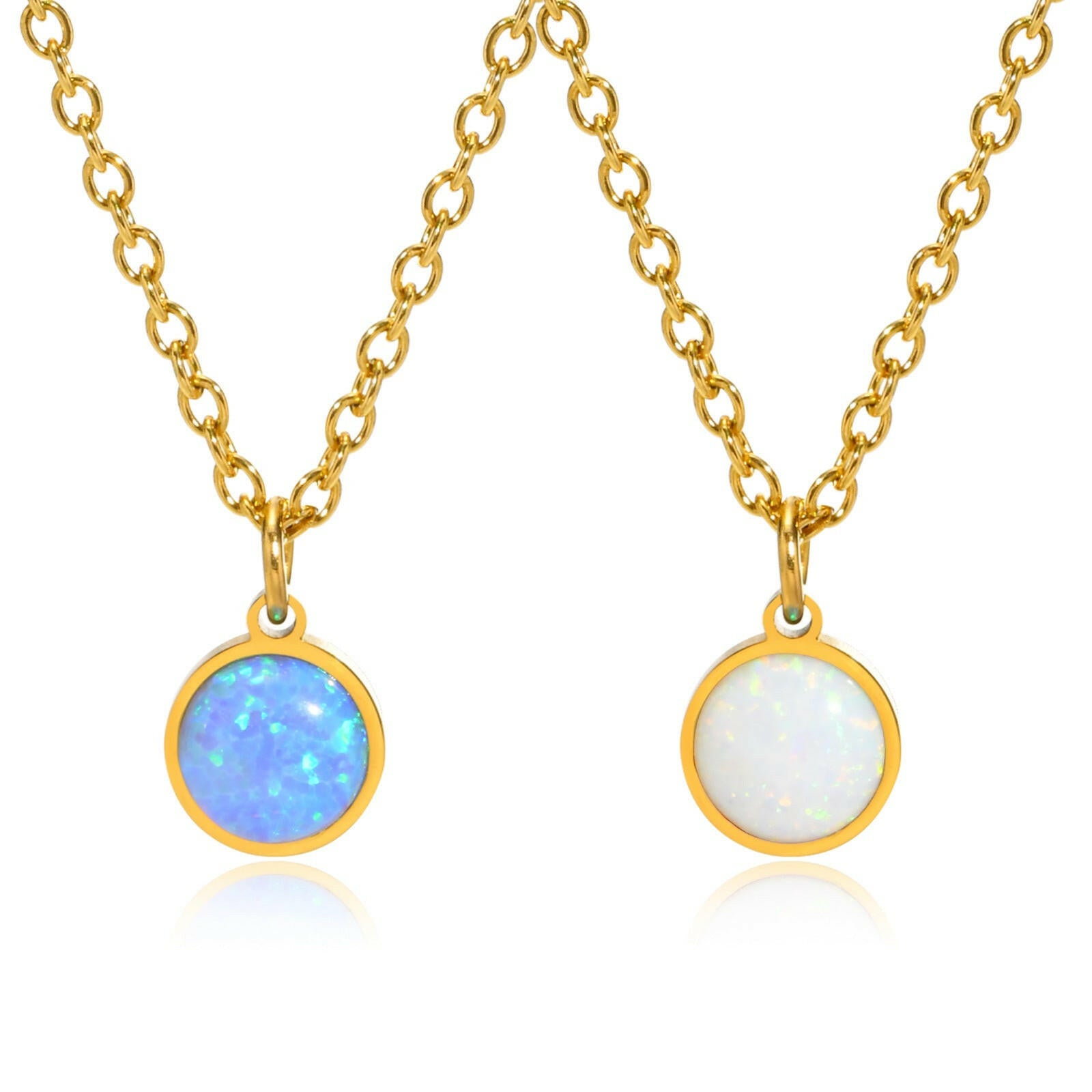 Kaze White and Blue Opal Round Pendant Necklace | Titanium Steel Opal Necklace for Women