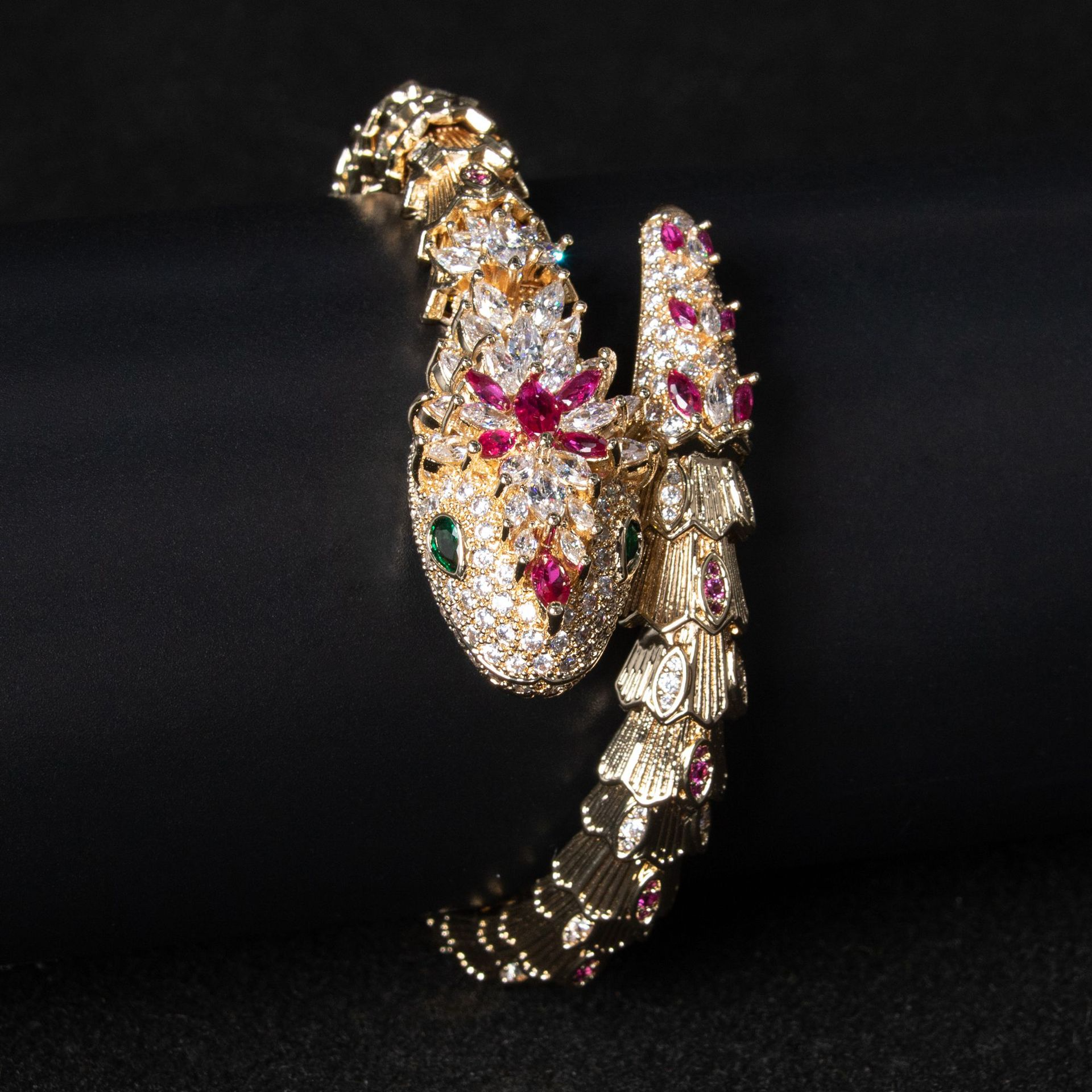 Kaze Gold Snake &amp; Marcasite Bracelet | 18K Gold Serpent Bracelet in 5 Stone Colours Gold Base with Red Jade-like Sheen