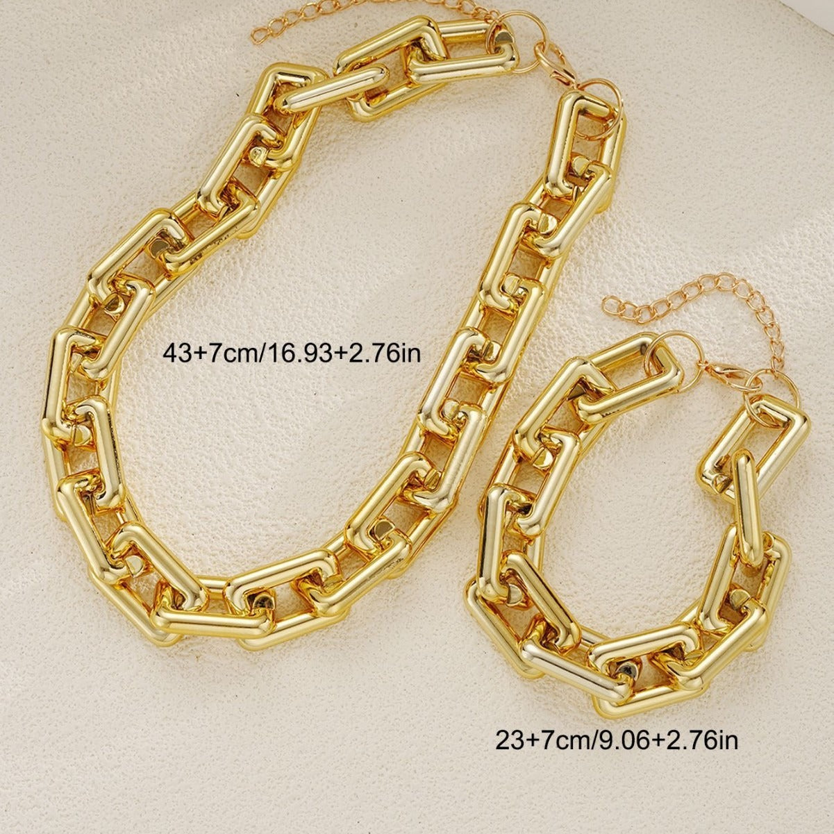Kaze Geometric Rectangular Chunky Chain Bracelet and Necklace Set | 18K Gold S925 Silver in Gold &amp; Silver