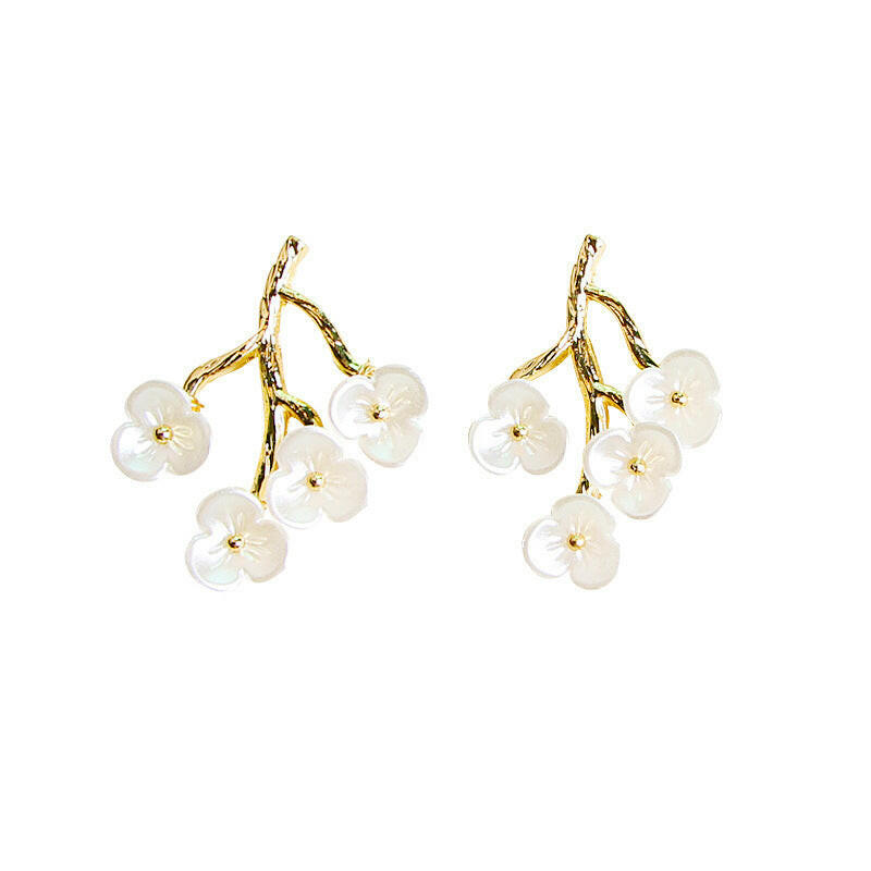 Kaze 925 Sterling Silver Pearl Flower Branch Earrings | Botanical Pearl Stud Earrings