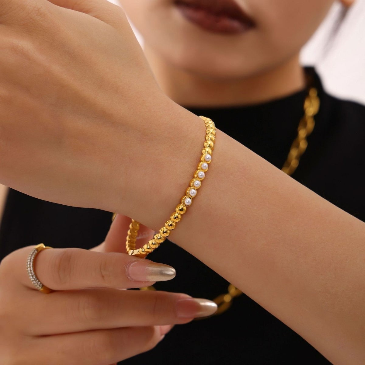 Kaze Zircon &amp; Pearl Inlaid Luxury Bracelet | 18K Gold Titanium Steel Bracelet in 4 Styles