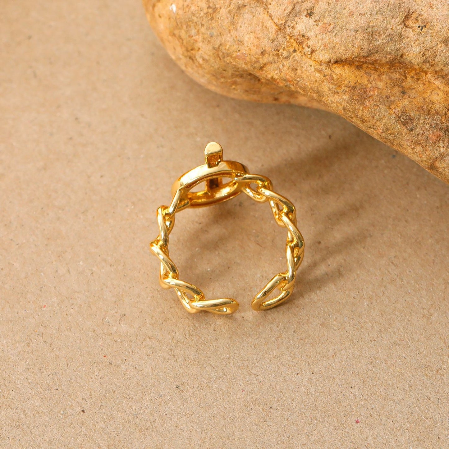 Kaze 18K Gold Openwork Buckle Design Ring | 3D Architectural Adjustable Gold Ring