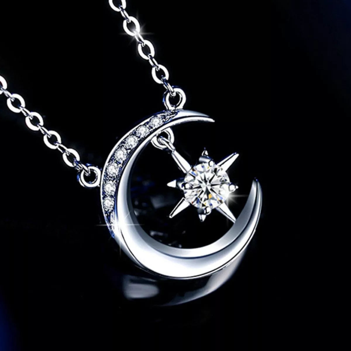 925 Sterling Silver Moissanite Star and Moon Necklace
