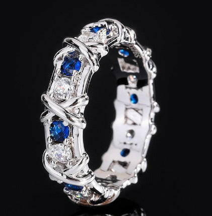 Kaze Shiny Luxe Geometric Ring | Silver, Two-Tone &amp; Rose Gold Ring Sizes 5–13 Blue