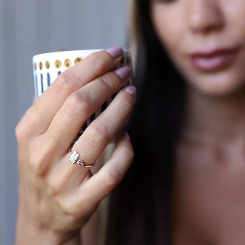 Kaze Personalised Open Ring with Birthstones, Numbers and Letters | Custom Engraved Ring in Silver, Gold &amp; Rose Gold