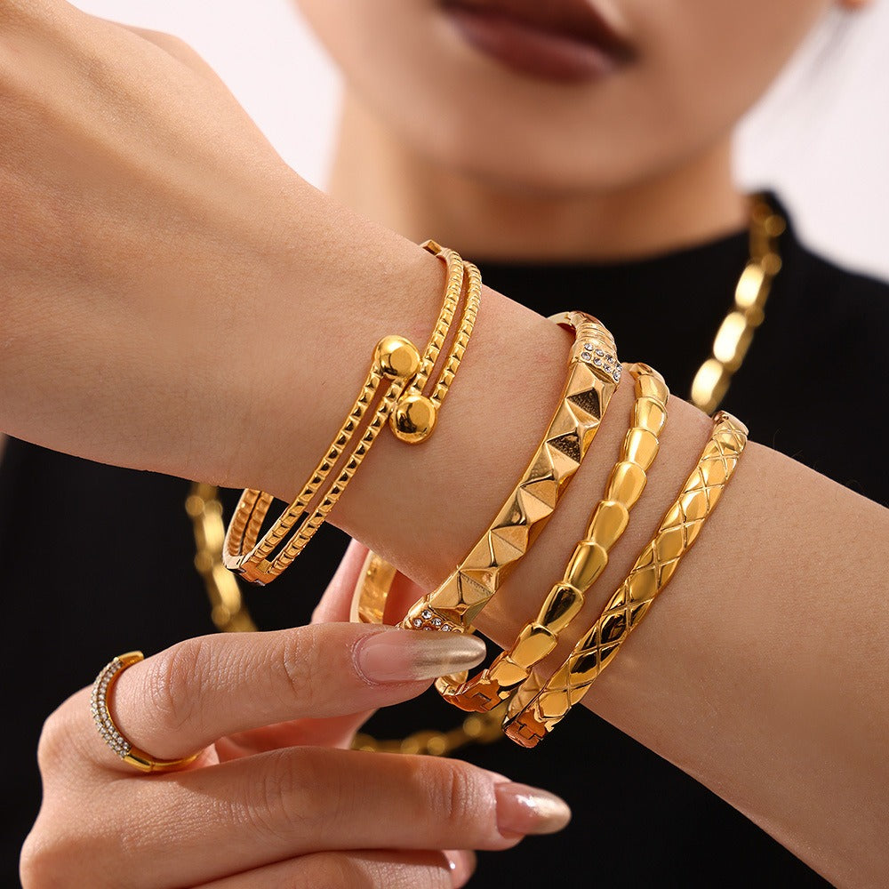 Kaze Geometric Hollow Design Bracelet | 18K Gold Statement Bangle — 12 Style Variants