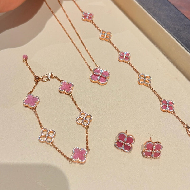 Kaze Pink Four-Leaf Clover Crystal Jewellery Set | Bracelet, Necklace &amp; Earrings with Crystal Accents