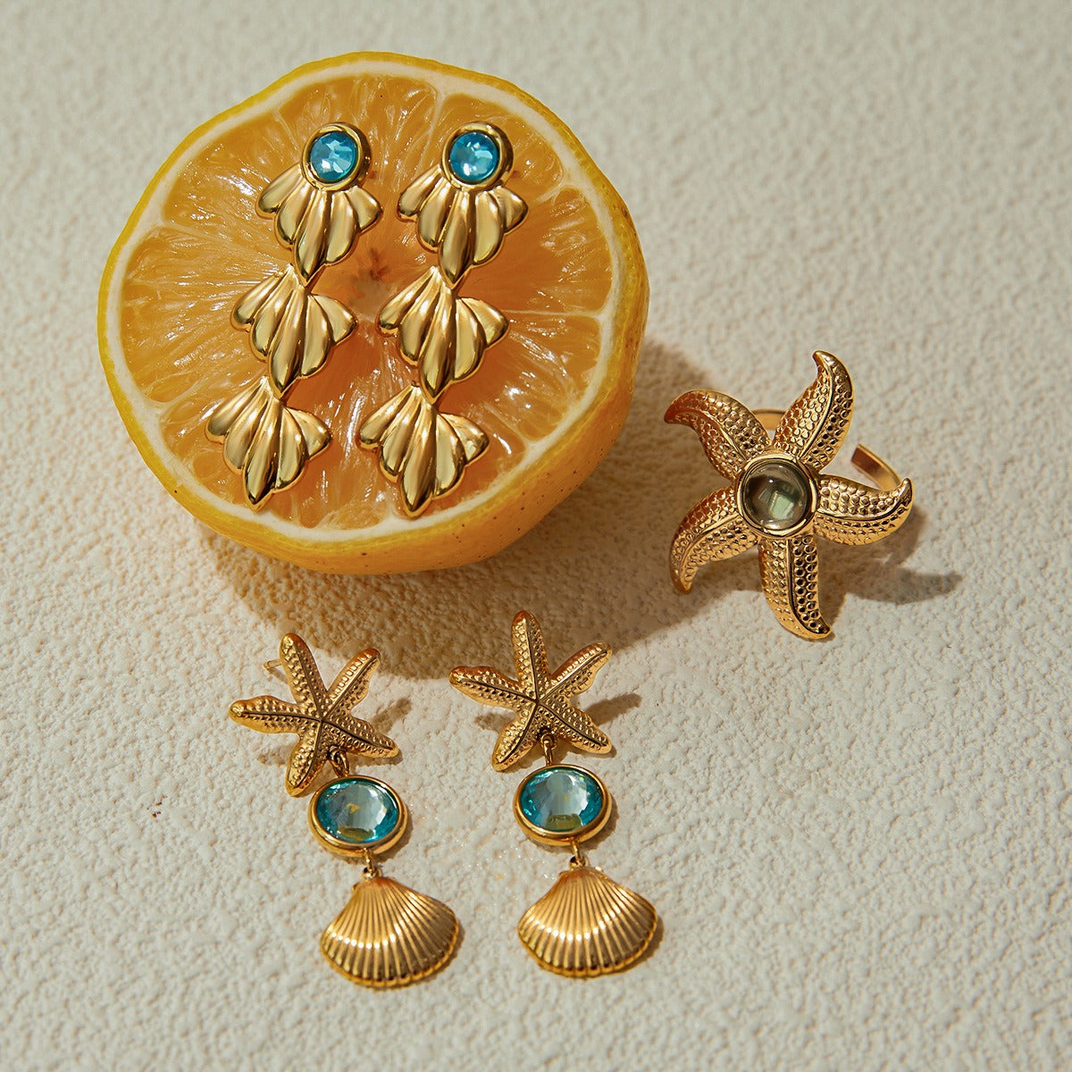 Kaze 18K Gold Lightweight Luxury Earring and Ring Set | Titanium Steel Coordinated Set in 3 Pieces