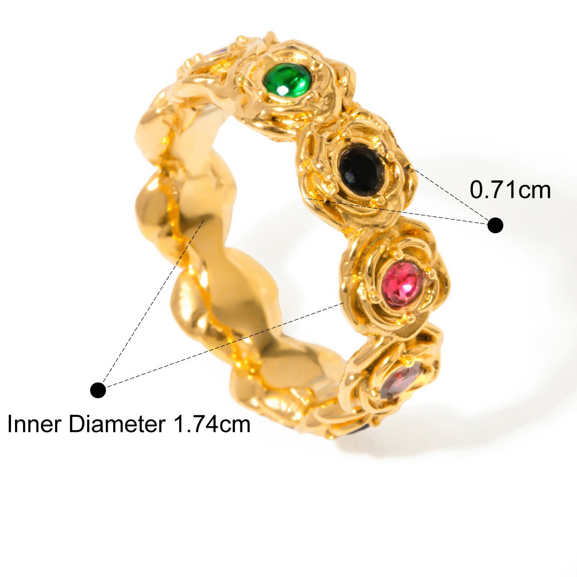 Kaze Retro Rose Round Gemstone Ring | 18K Gold Vintage Light Luxury Ring Size 7