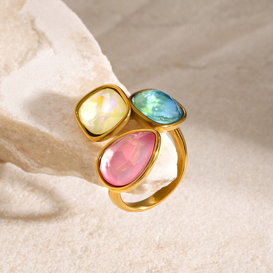 Kaze Light Luxury Noble Geometric Gemstone Open Ring | 18K Gold Inlaid Statement Ring
