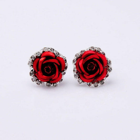 Kaze Rose Flower Ear Clip Earrings | Korean-Style Geometric Diamond Earrings in 9 Colours Red