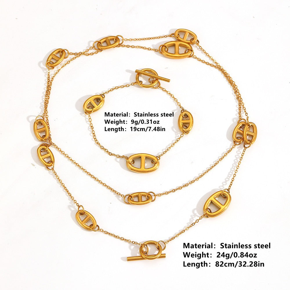 Kaze 18K Gold Smooth Pig Nose Necklace, Bracelet and Earrings Set | 8 Variant Gold Jewellery Set Gold set (necklace + bracelet)