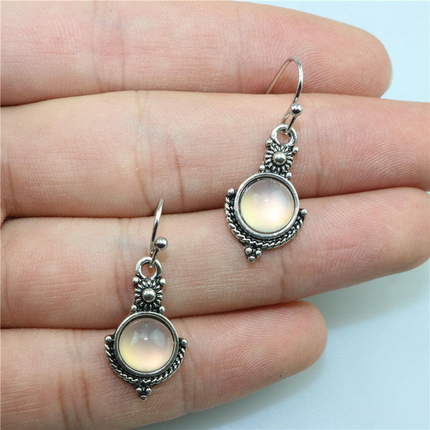Kaze Moonstone Vintage Geometric Drop Earrings | Retro Alloy Diamond Inlay Earrings
