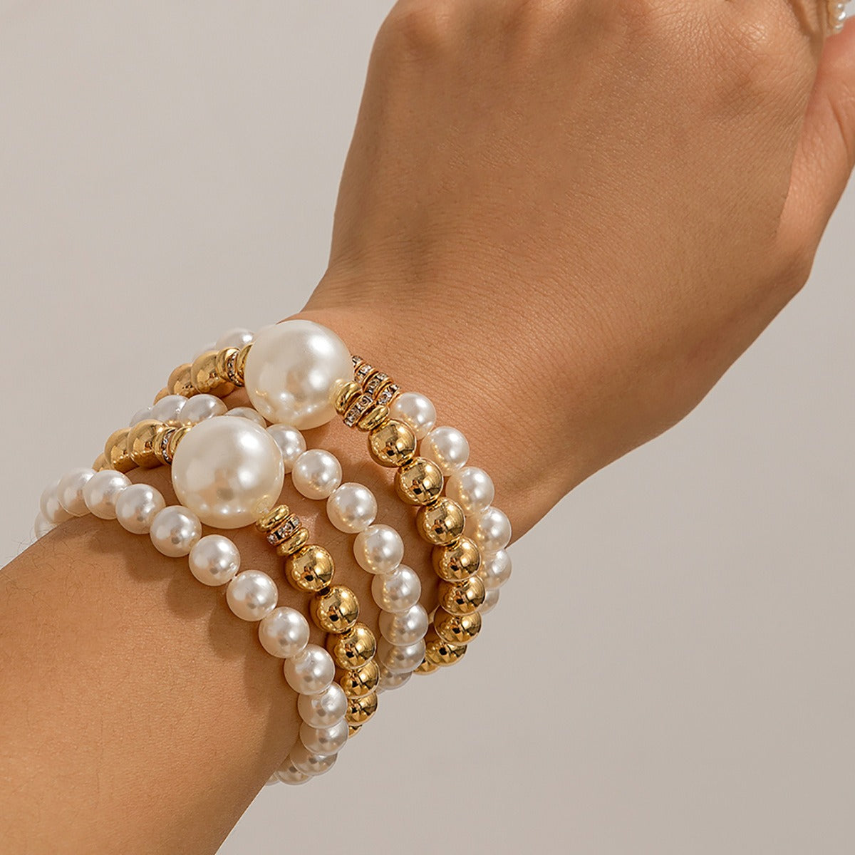 Kaze Pearl Stacking Bracelet | 18K Gold Multi-Layer Pearl Bracelet in White &amp; Gold