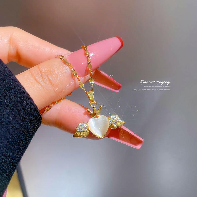 Kaze Micro-Inlaid Opal Angel Heart Pendant Necklace | Titanium Steel Light Luxury Necklace