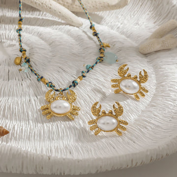 Kaze 18K Gold Crab-Shaped Inlaid Pearl Earring, Necklace and Bracelet Set | Coastal Pearl Jewellery in 3 Variants