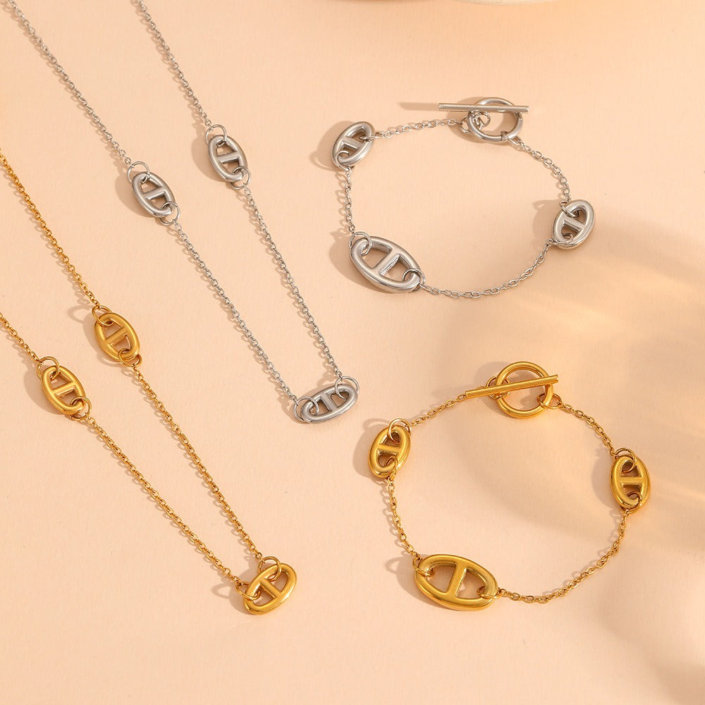 Kaze 18K Gold Smooth Pig Nose Necklace, Bracelet and Earrings Set | 8 Variant Gold Jewellery Set
