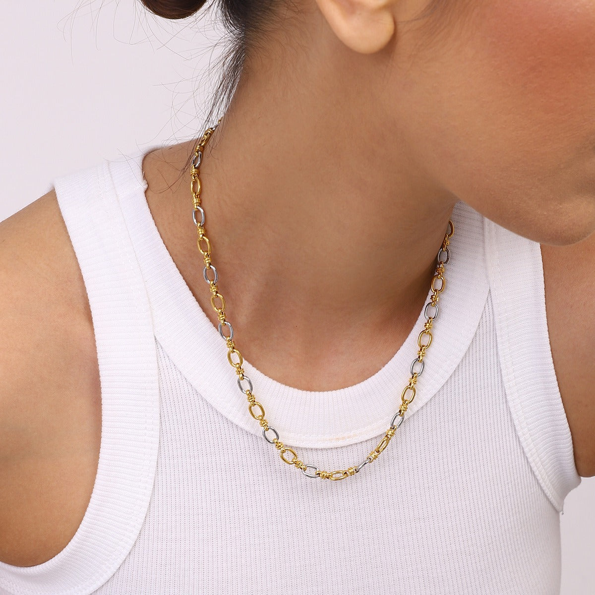 Kaze Two-Tone Chain Necklace &amp; Bracelet Set | 18K Gold Silver Colour-Block Chain Set