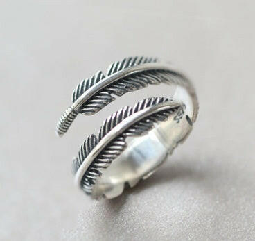 Kaze Retro Feather Adjustable Copper Ring | Open Band Nature-Inspired Ring Sliver 925 Ajustable