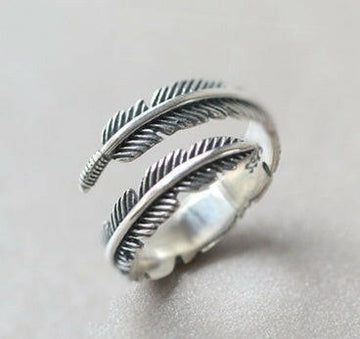 Kaze Retro Feather Adjustable Copper Ring | Open Band Nature-Inspired Ring Sliver 925 Ajustable