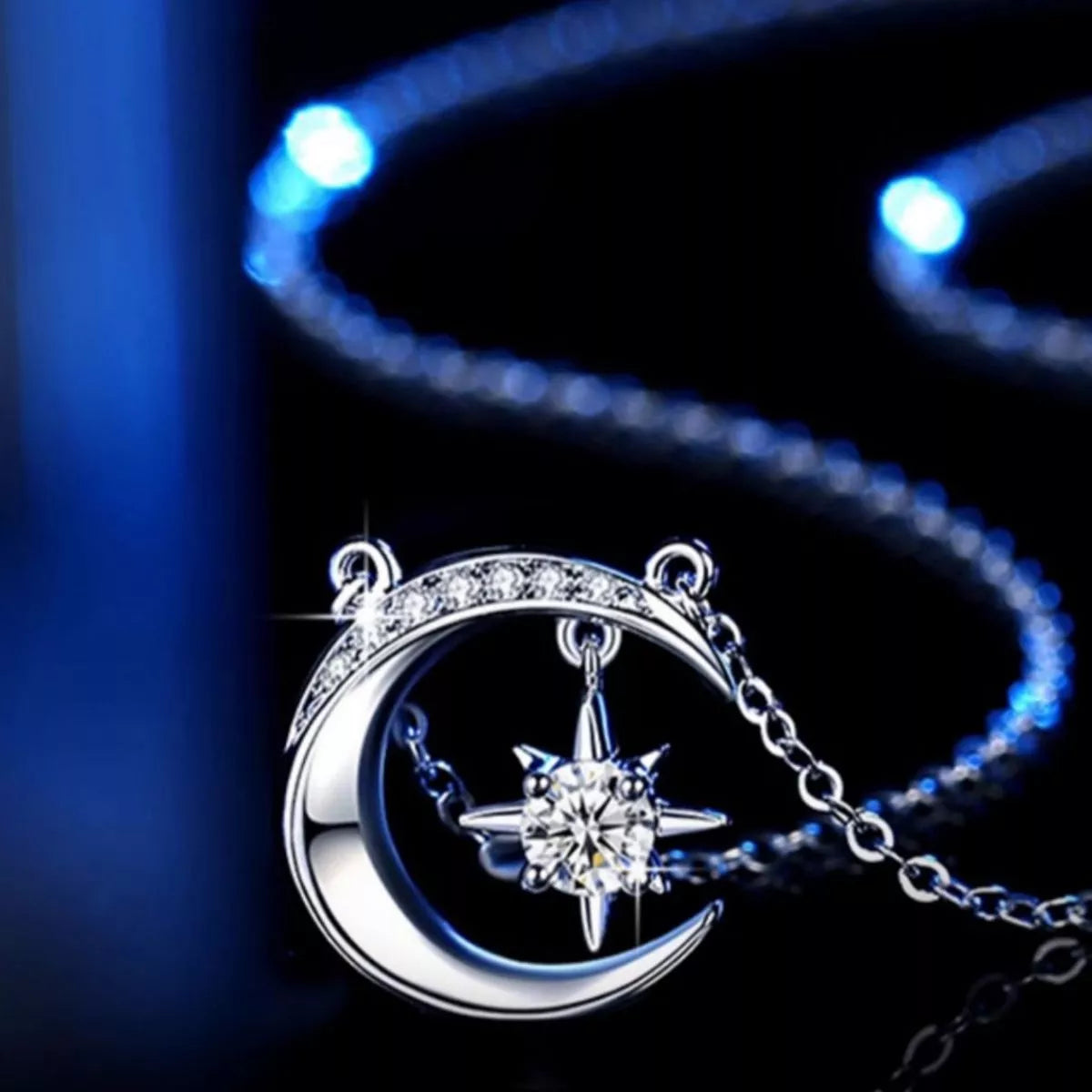 925 Sterling Silver Moissanite Star and Moon Necklace