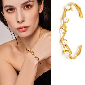 Kaze Irregular C-Shape Pearl Bangle | 18K Gold Pearl Inlaid Open Bracelet in Gold &amp; Silver