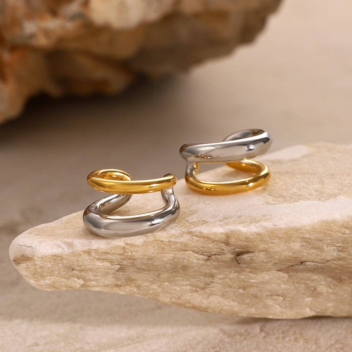 Kaze Double-Layer Two-Tone Earring and Ring Set | 18K Gold Gold &amp; Silver Matching Jewellery Set