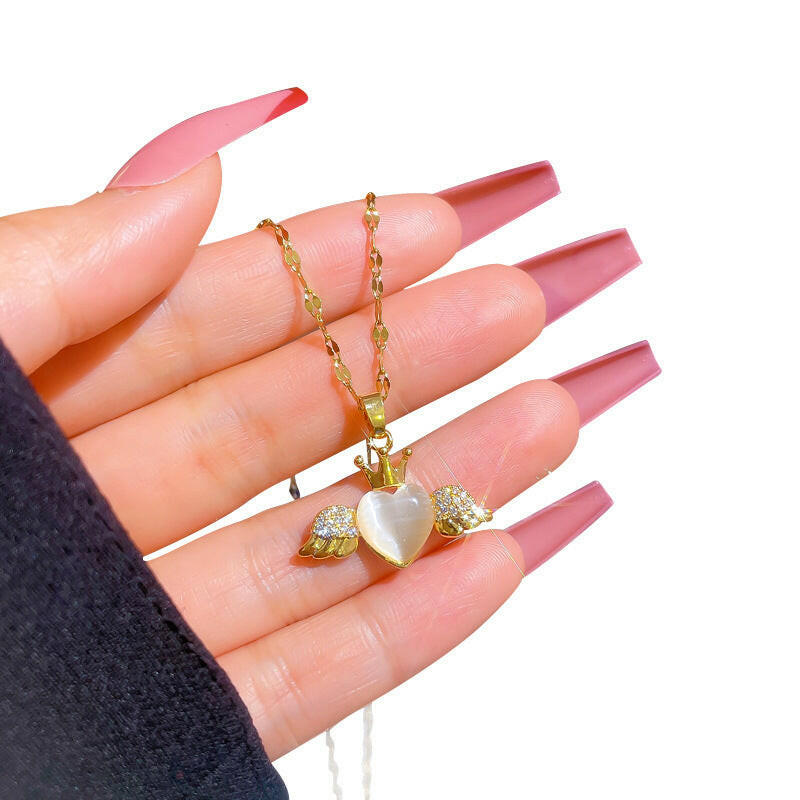 Kaze Micro-Inlaid Opal Angel Heart Pendant Necklace | Titanium Steel Light Luxury Necklace