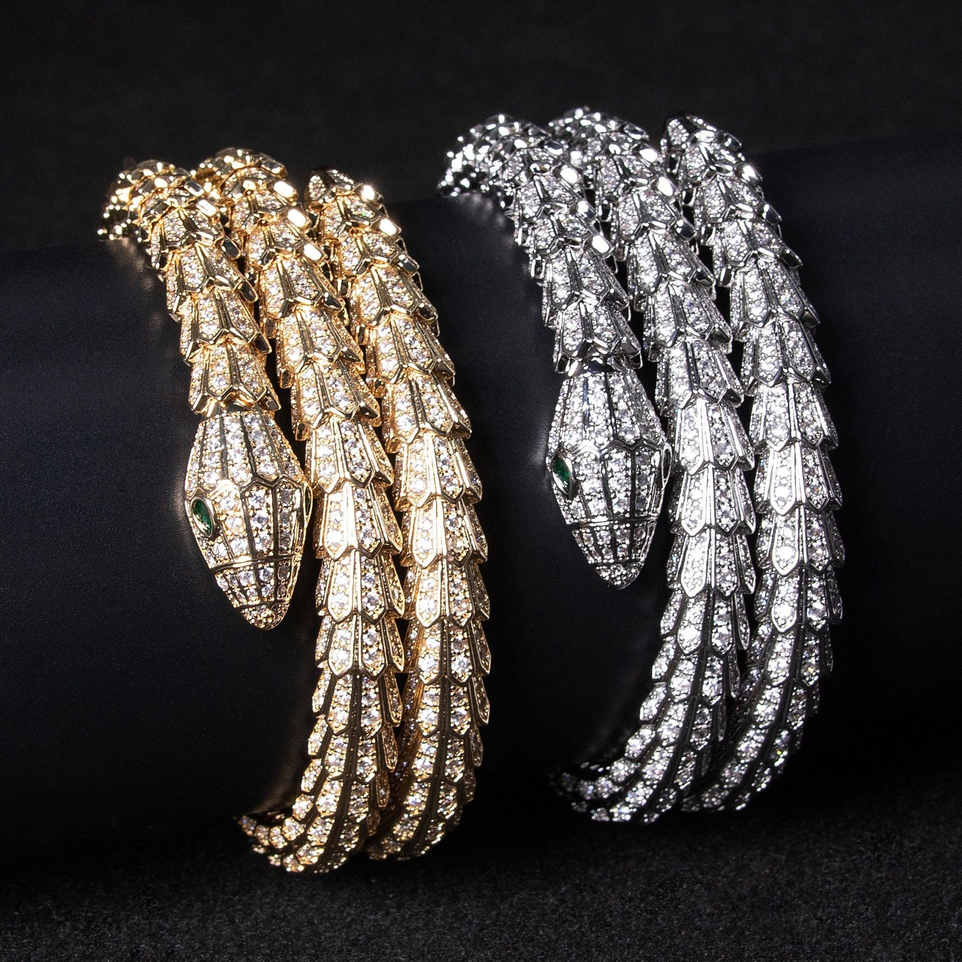 Kaze Serpent Bangle Set | 18K Gold &amp; S925 Silver Cubic Gemstone Snake Bangle
