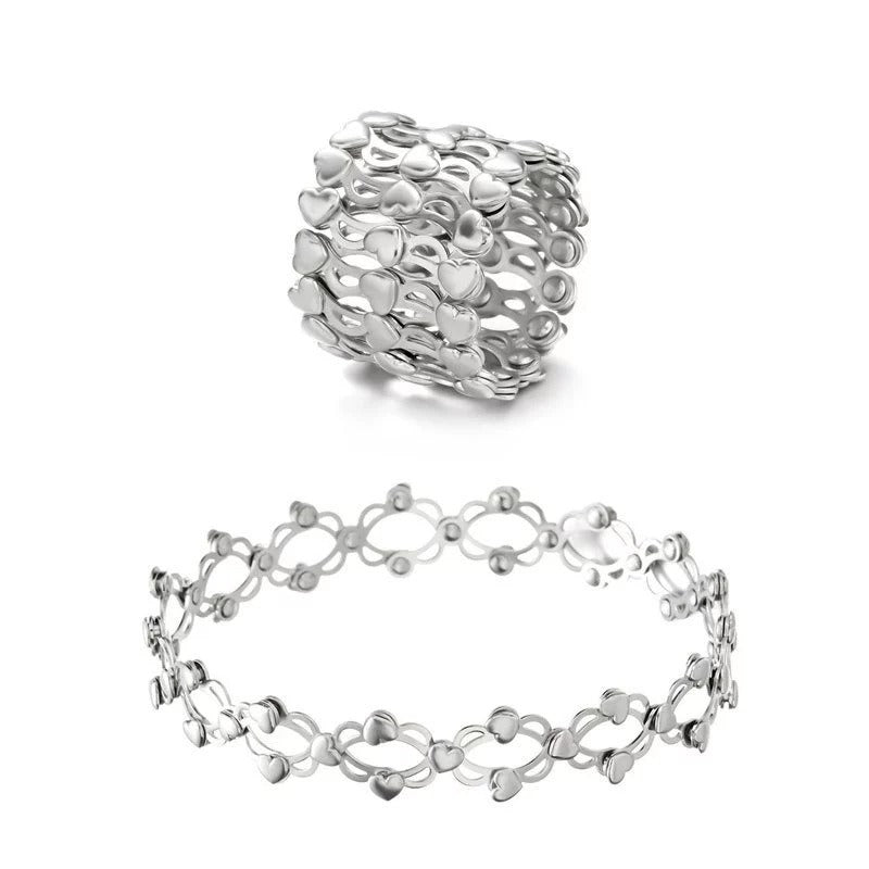 Kaze Retractable Diamond-Studded Bracelet and Ring Set | 18K Gold Innovative Jewellery Set in 5 Styles Style K-Love heart-Silver Adjustable