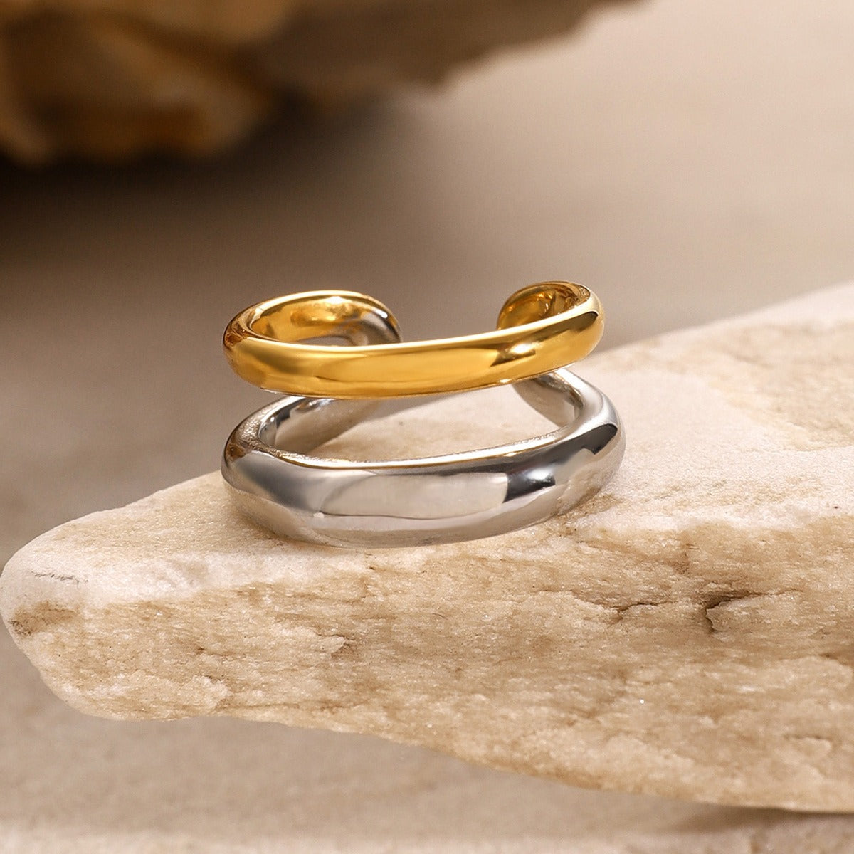 Kaze Double-Layer Two-Tone Earring and Ring Set | 18K Gold Gold &amp; Silver Matching Jewellery Set
