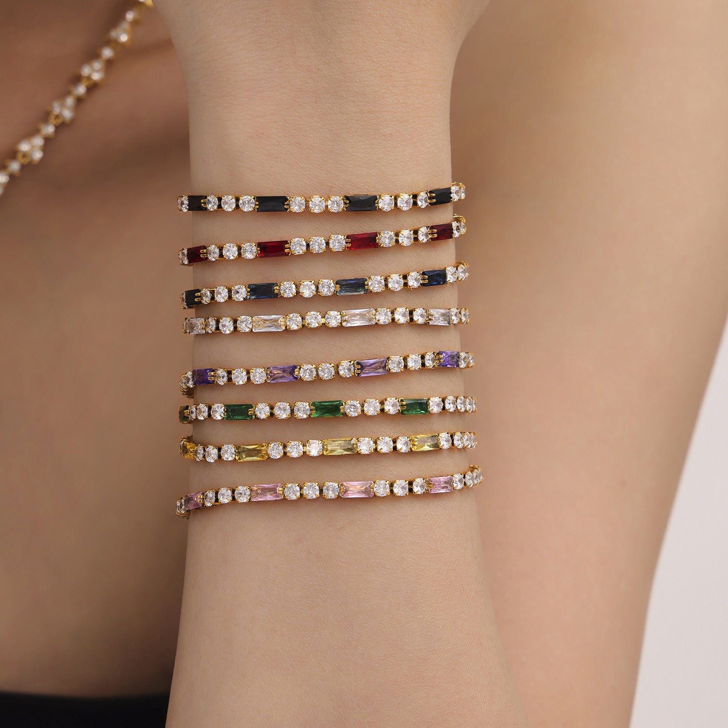 Kaze Rectangular &amp; Round Gemstone Luxury Bracelet | 18K Gold Bracelet in 8 Colour Variants