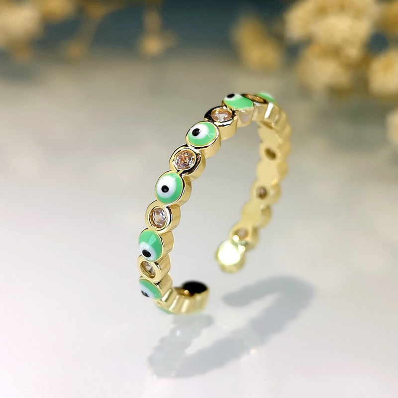 Kaze Exaggerated Eye Design Gemstone Open Ring | 18K Gold Oil-Drip Enamel Ring in 18 Variants Green Adjustable