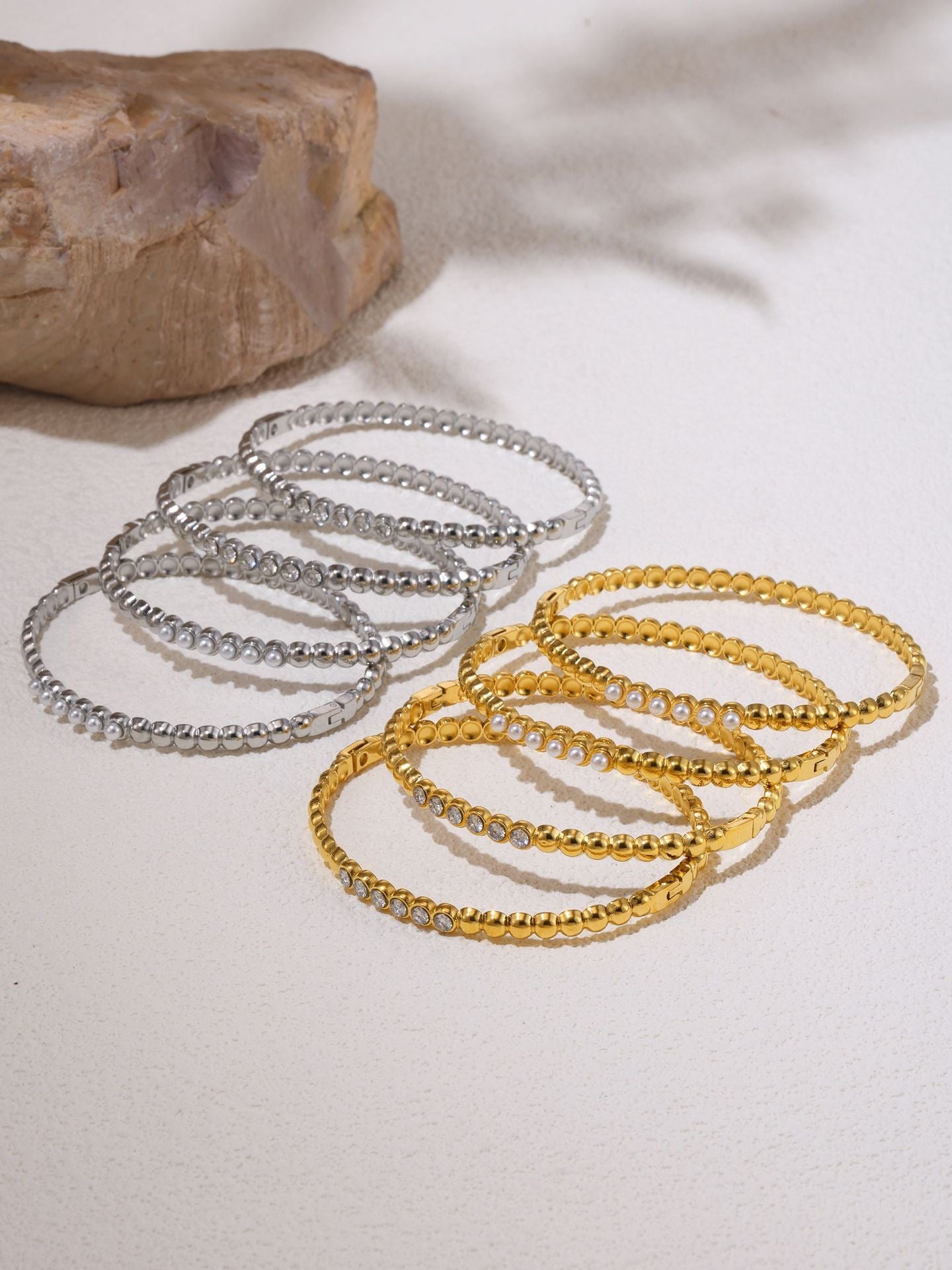 Kaze Zircon &amp; Pearl Inlaid Luxury Bracelet | 18K Gold Titanium Steel Bracelet in 4 Styles