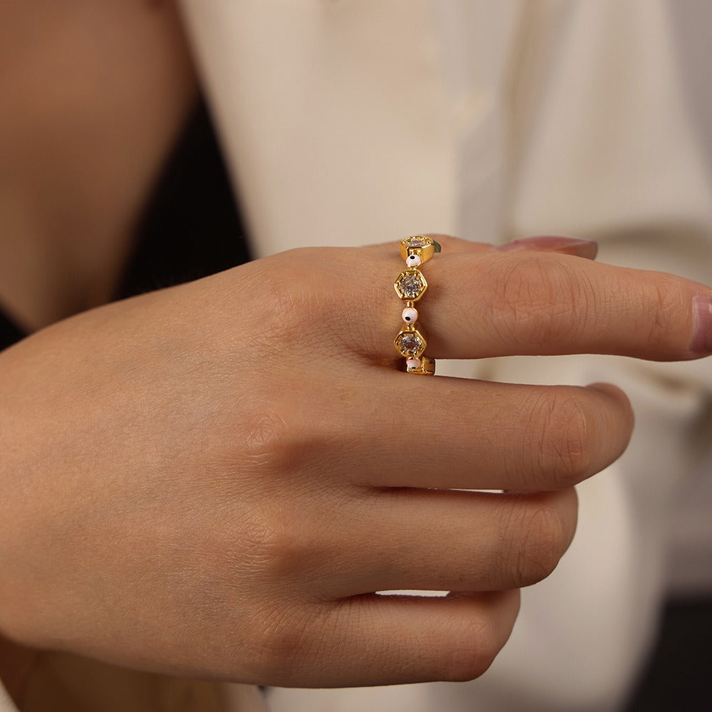 Kaze Geometric Hexagonal Devil's Eye Zircon Ring | 18K Gold Adjustable Ring in 5 Colours Pink Adjustable