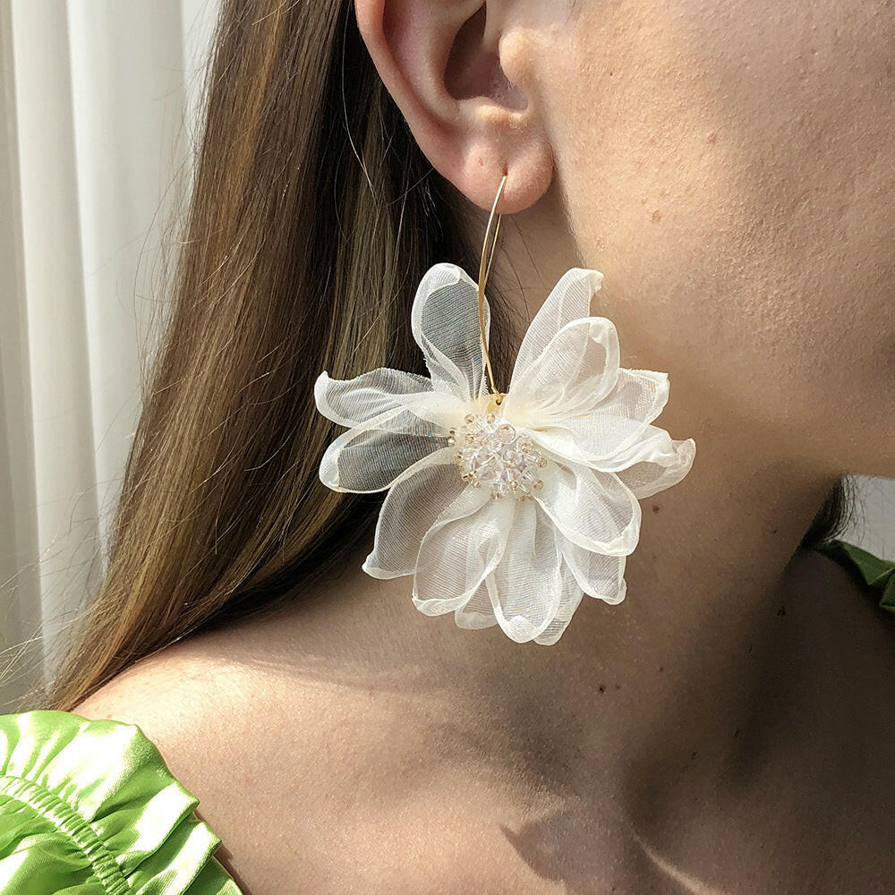 Kaze Korean Floral Drop Earrings | Delicate Alloy Flower Earrings in White, Black &amp; Pink