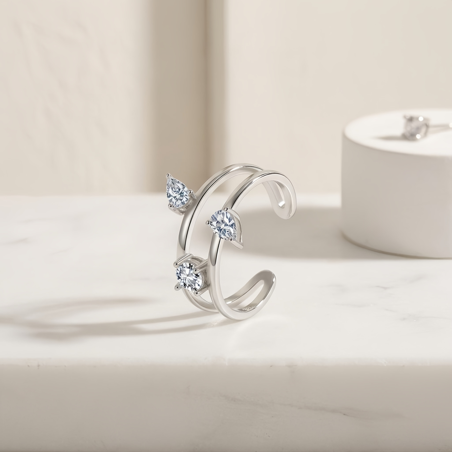 925 Sterling Silver Elegant Triple CZ Rings Wholesale Featuring Marquise and Round Stones on Adjustable Open Band