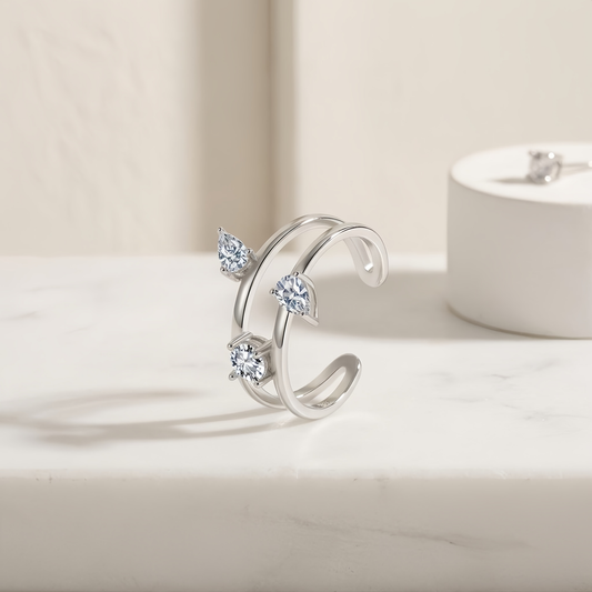 925 Sterling Silver Elegant Triple CZ Rings Wholesale Featuring Marquise and Round Stones on Adjustable Open Band