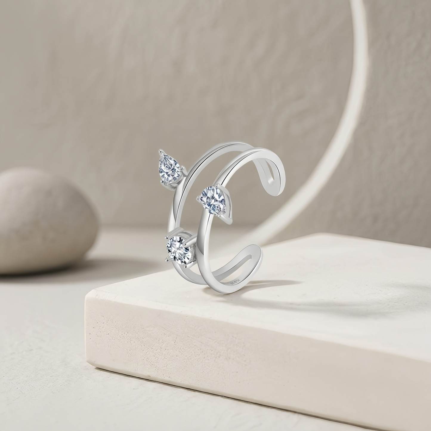 925 Sterling Silver Elegant Triple CZ Rings Wholesale Featuring Marquise and Round Stones on Adjustable Open Band
