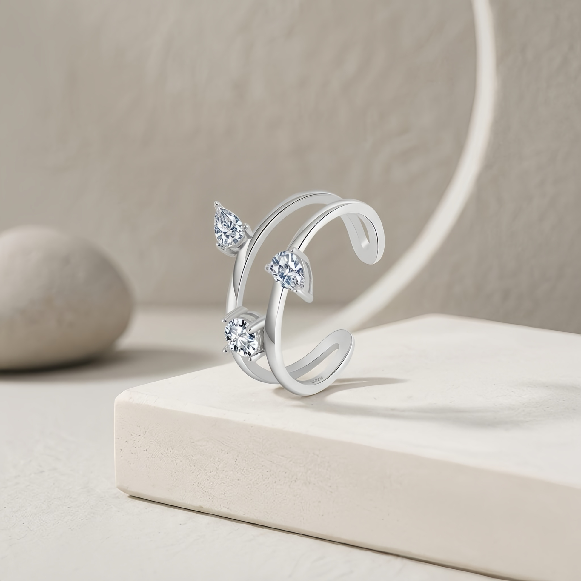 925 Sterling Silver Elegant Triple CZ Rings Wholesale Featuring Marquise and Round Stones on Adjustable Open Band