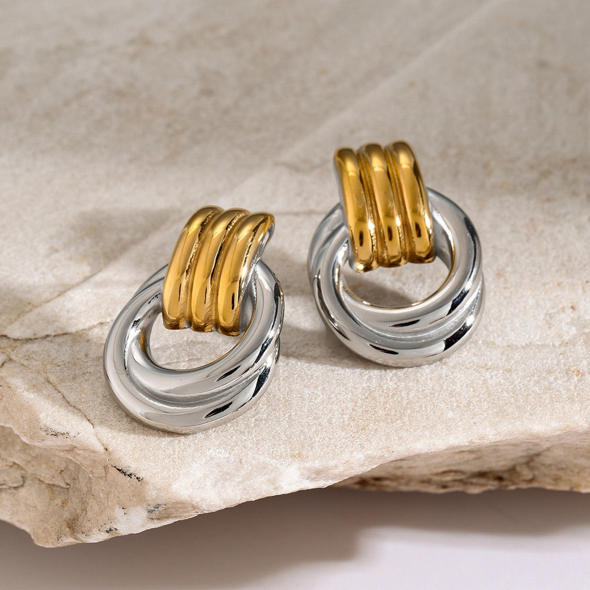 Kaze Geometric Two-Tone Jewellery Set | 18K Gold Earrings, Bracelet &amp; Ring in Gold &amp; Silver