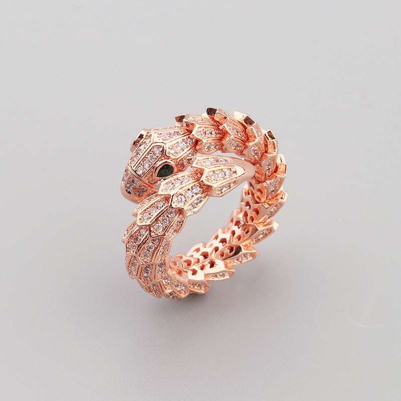 Kaze Snake-Shaped Gemstone Inlay Open Ring | 18K Gold Adjustable Serpent Ring in Gold, Silver &amp; Rose Gold